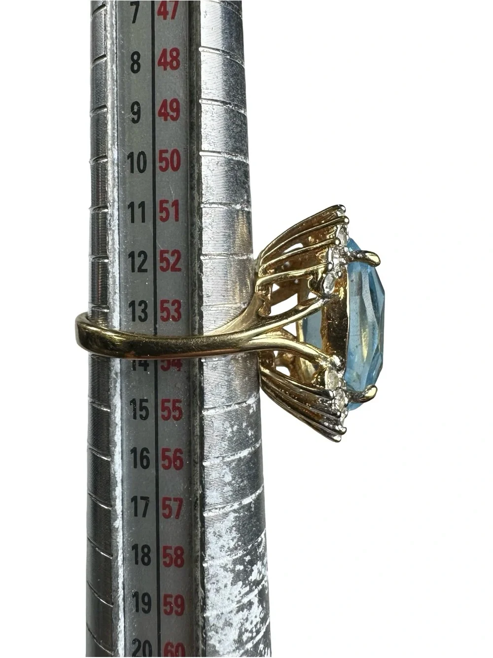 Vtg 18K HGE Blue Tourmaline Cocktail Ring Sz 6.5 Heavy Gold Plated Crown Halo